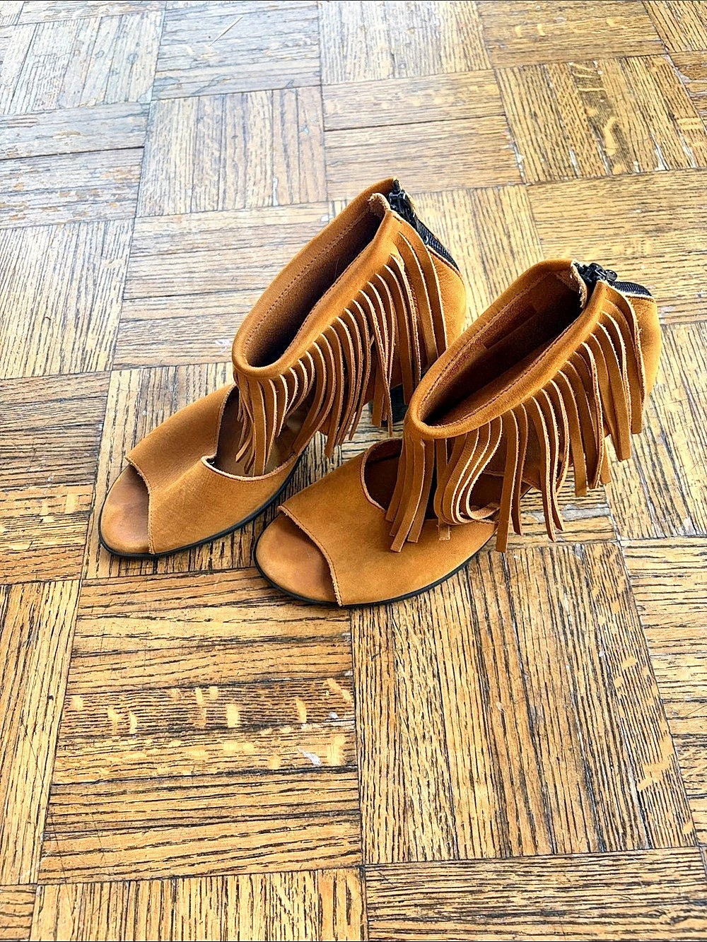 Arche Fringe Peep Toe Heels in Camel, EU 39
